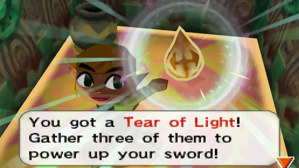 Link holding up the third Tear of Light with the item name box on screen Link holding up the third Tear of Light with the item name box on screen