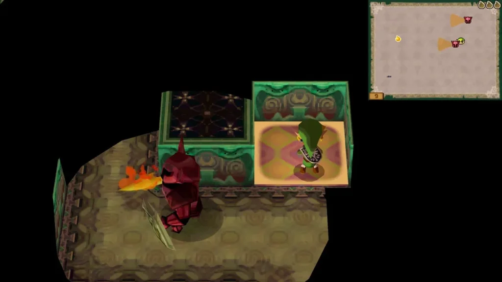 A red Torch Phantom with a flaming sword next to Link on a tower floor A red Torch Phantom with a flaming sword next to Link on a tower floor