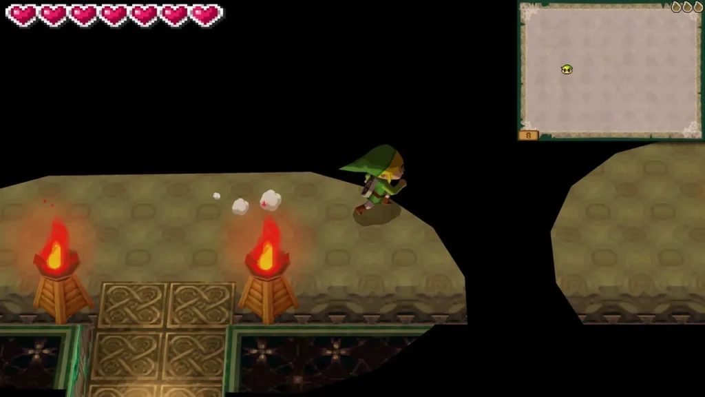 Link lighting a torch across a dark tower floor with the Boomerang Link lighting a torch across a dark tower floor with the Boomerang