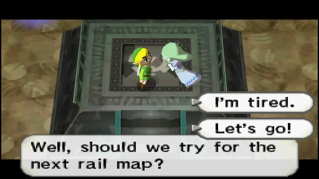 Zelda asking whether to try for the next rail map, with I'm tired and Let's go choices Zelda asking whether to try for the next rail map, with I'm tired and Let's go choices