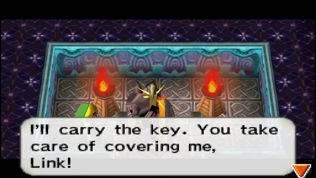 Zelda lifting the Boss Key as she tells Link he must cover her Zelda lifting the Boss Key as she tells Link he must cover her