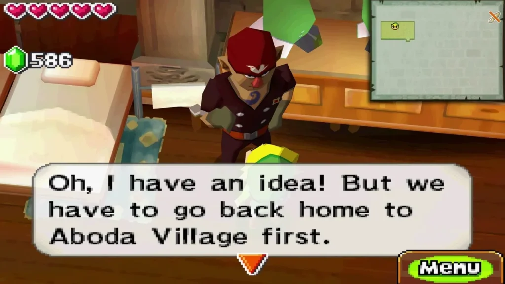 Alfonzo in the Hyrule Castle room, the box saying they must first go back to Aboda Village
