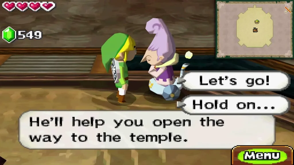 Anjean in the Tower lobby, the box saying a helper will open the way to the temple