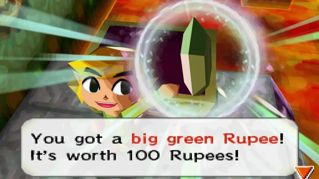 Link holding up a big green Rupee worth 100 Rupees