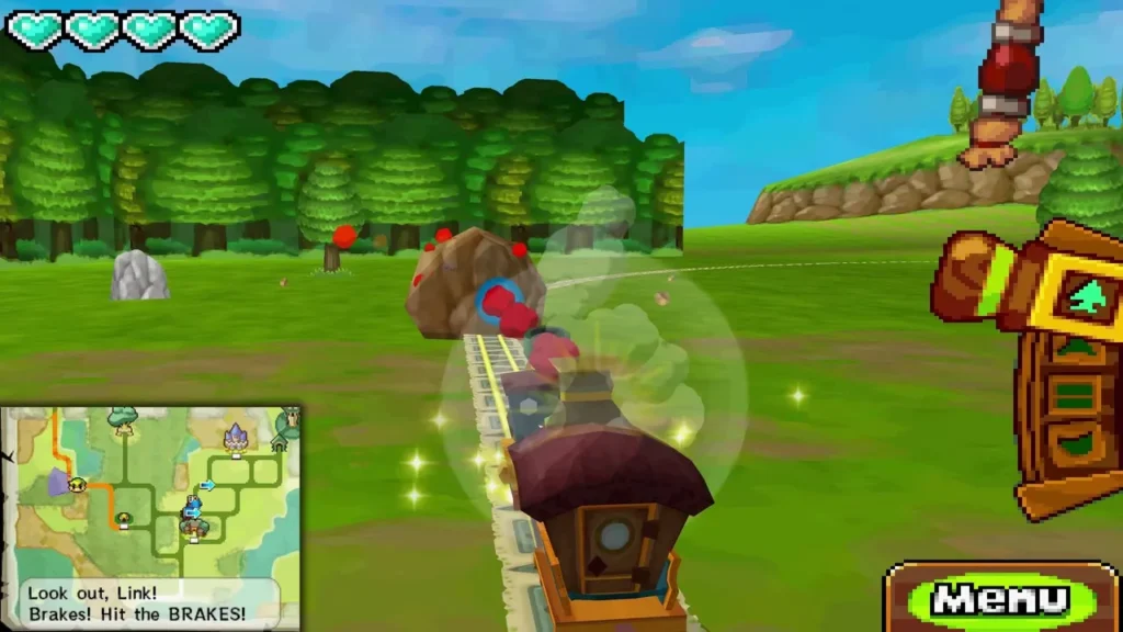 Boulder blocking the rails ahead of Link's train with Zelda shouting to brake