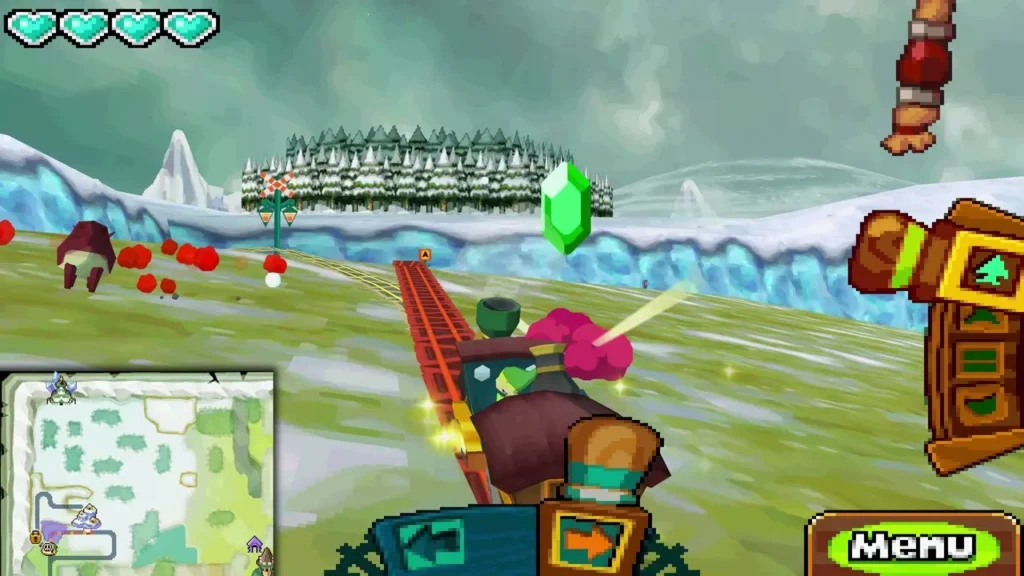 Link's train firing its Cannon at red enemies on the snowy rails