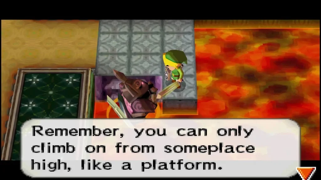 Link standing on a ledge above lava beside the Phantom that Zelda controls