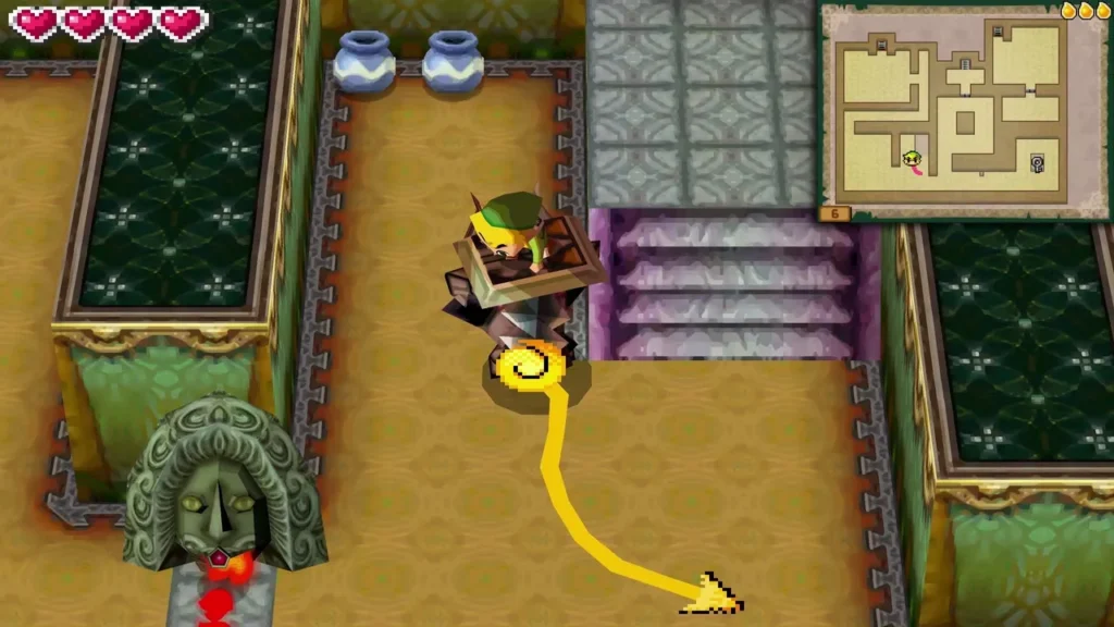 Link riding Zelda past a fire statue toward the stairs on floor 6