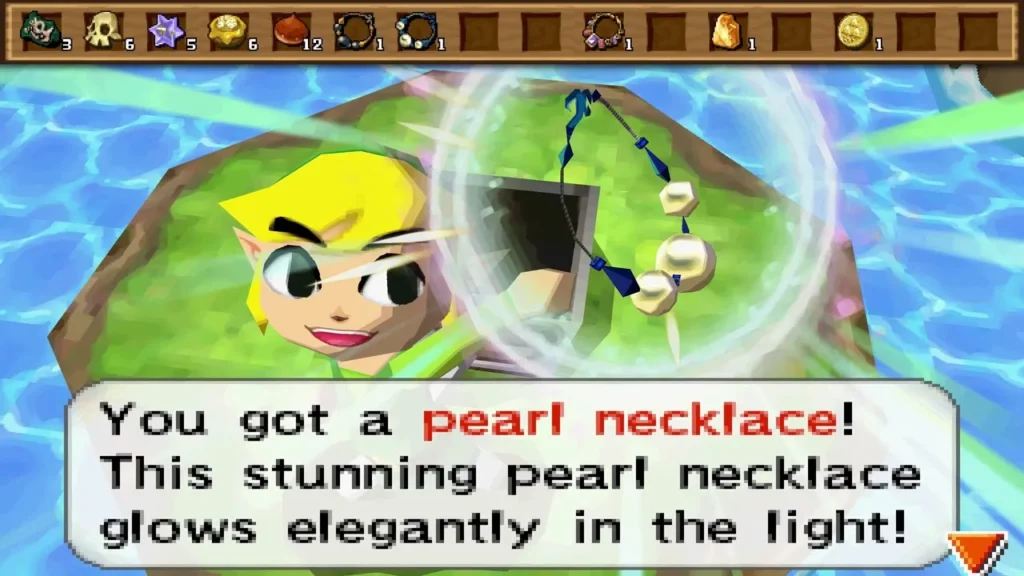 Link holding up a pearl necklace from the chest on the Rabbitland pond islet