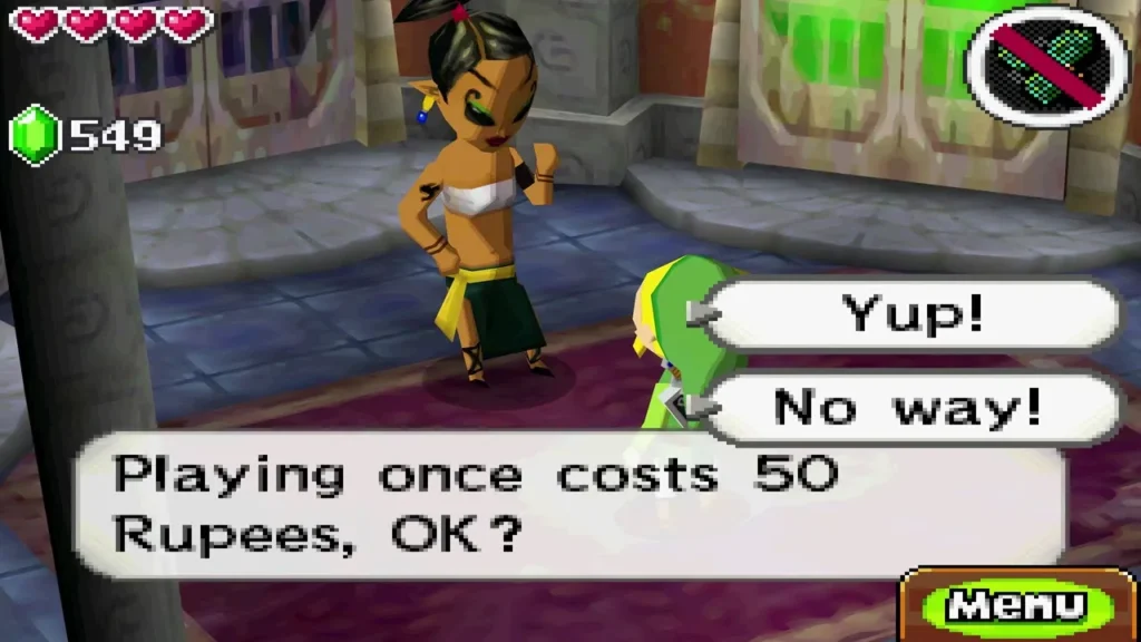 The Take 'Em All On! dancer asks whether Link will pay 50 Rupees to play once