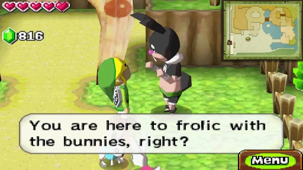 Man in a rabbit costume asking Link if he is there to frolic with the bunnies