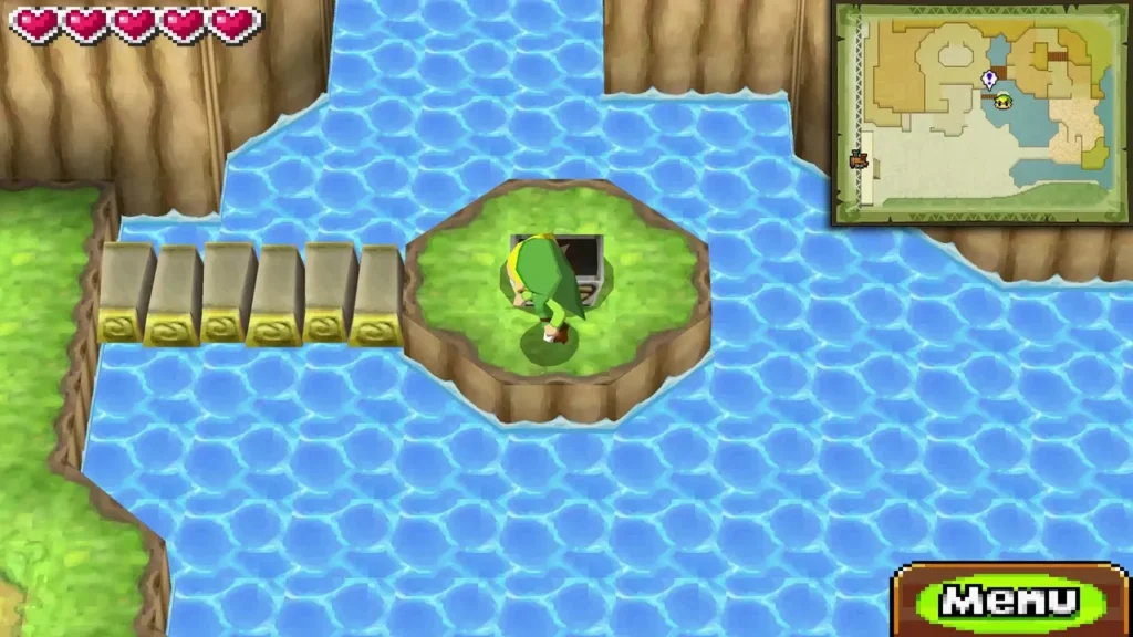 Link standing by the chest on a small islet in the Rabbitland pond