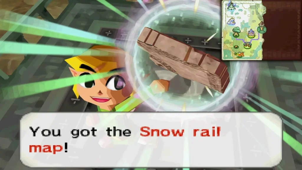 Link holding up the Snow Rail Map on the top floor of the Tower of Spirits