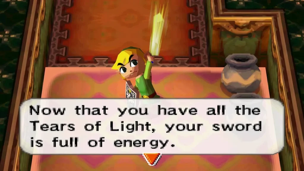Link raising his glowing sword after collecting all three Tears of Light