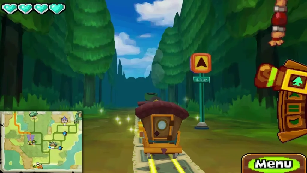 Link's train rolling down a forest track toward the unmarked station