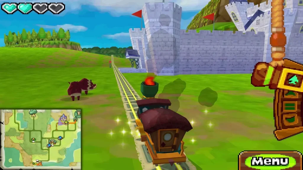 Link's train on the rails with a burning engine, Hyrule Castle ahead
