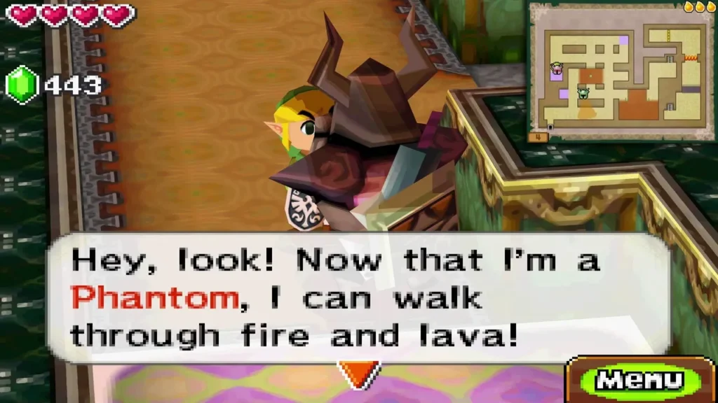 Zelda inside a Phantom suit with Link beside her, saying she can walk through lava