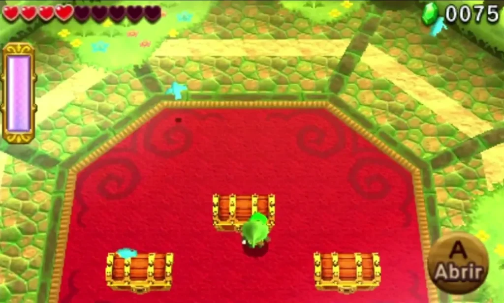 Link in the Den of Trials final room beside the chests, with an open-chest prompt showing