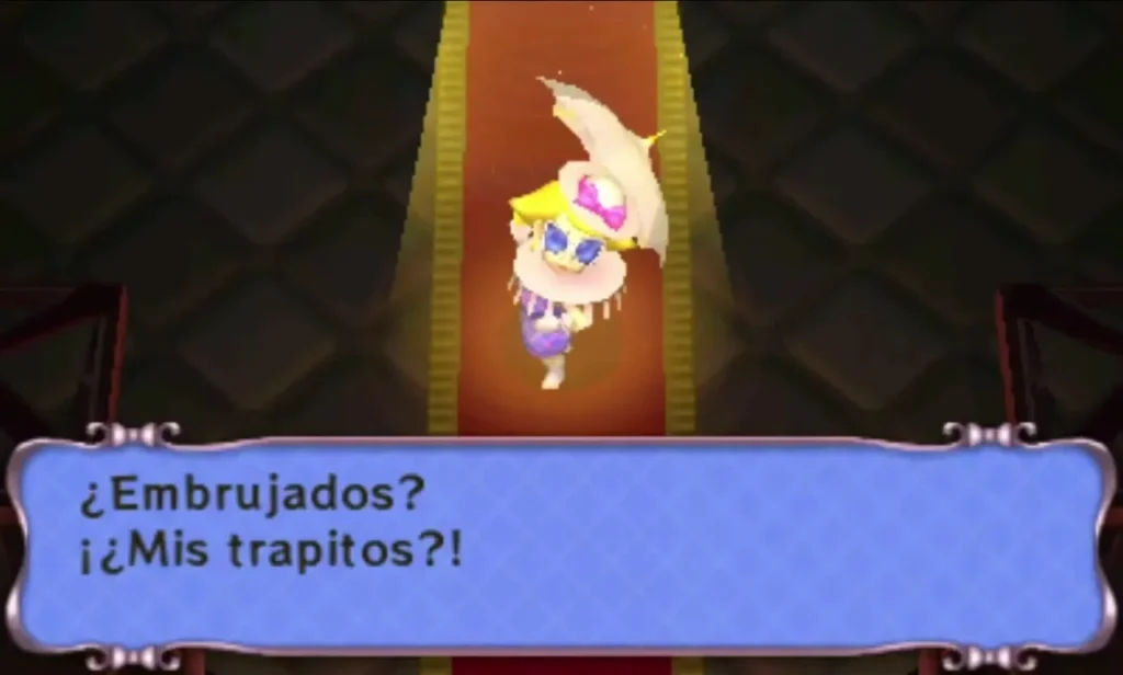 Lady Degala with her parasol on the red carpet of the Lady's Lair, speaking in a blue dialogue box