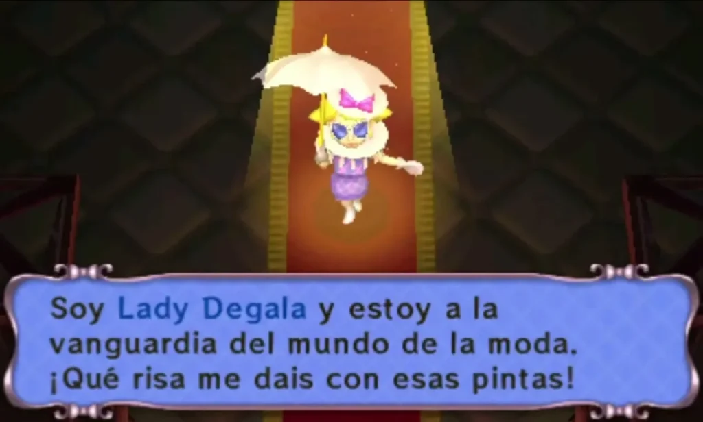 Lady Degala under her parasol at the end of the Lady's Lair corridor, her name in the dialogue box
