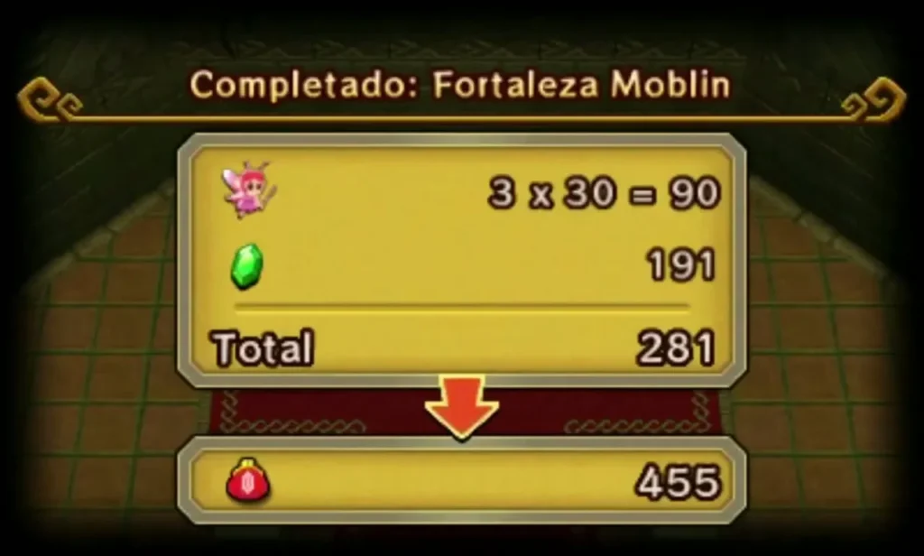 Completion results panel for Moblin Base with the Rupee tally counting up to a total
