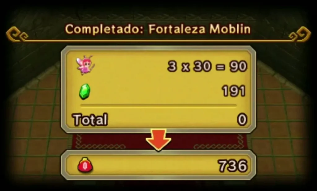 Completion results panel for Moblin Base with the tally finished and the reward counter at 736