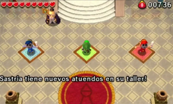 Link in the castle plaza beside a caption saying Sastria has new outfits in her workshop