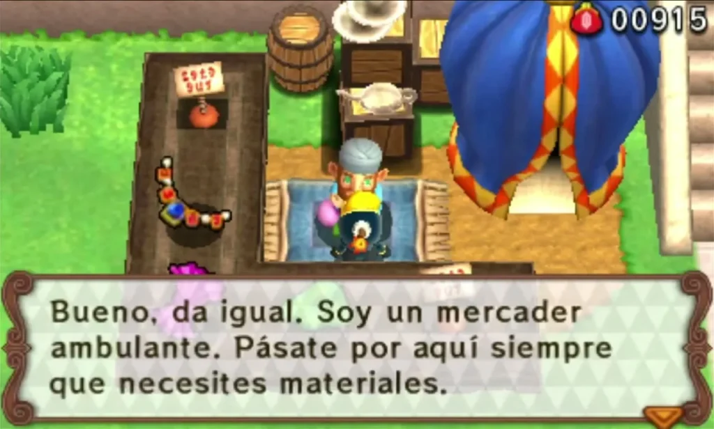 The Street Merchant behind his stall in the Pasarella square, saying to visit whenever Materials are needed