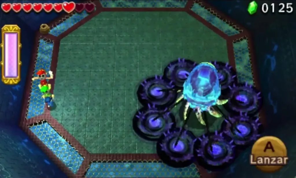Arrghus glowing blue inside a ring of dark pods in the drained Water Temple arena Arrghus glowing blue inside a ring of dark pods in the drained Water Temple arena
