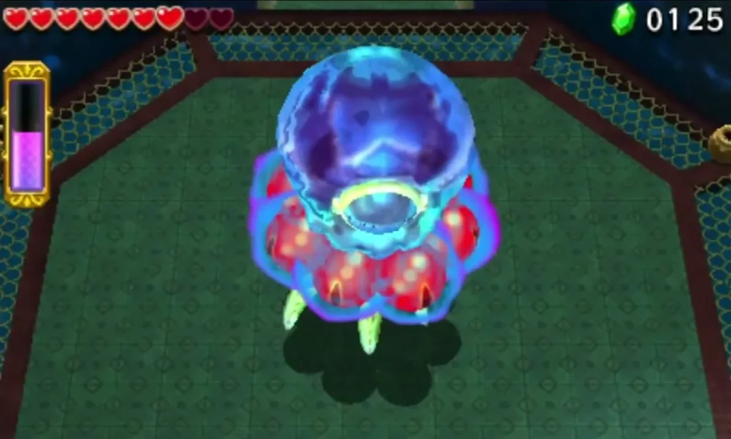 Arrghus floats over the drained Water Temple floor with its red eyes glowing Arrghus floats over the drained Water Temple floor with its red eyes glowing