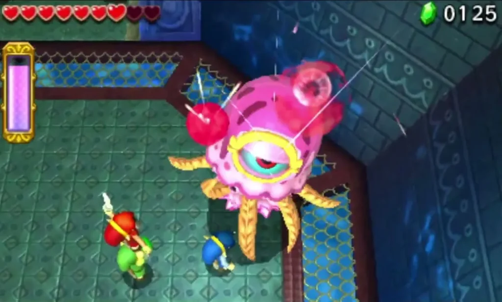 Link attacks the pink open eye of Arrghus in the Water Temple arena Link attacks the pink open eye of Arrghus in the Water Temple arena