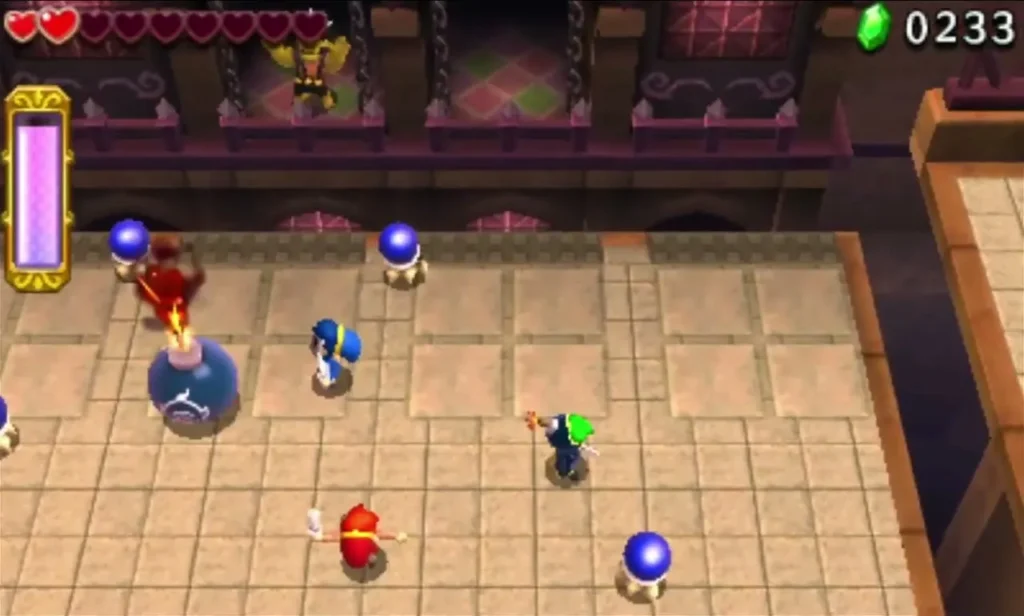 Link stands on the Bomb Storage floor while a red Hinox brother waits on the upper balcony Link stands on the Bomb Storage floor while a red Hinox brother waits on the upper balcony