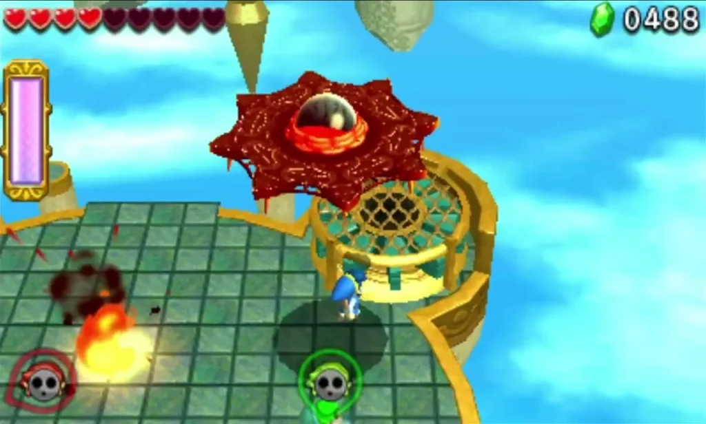 Gigaleon eye glares from the underside of the saucer as flames burn at the arena edge Gigaleon eye glares from the underside of the saucer as flames burn at the arena edge