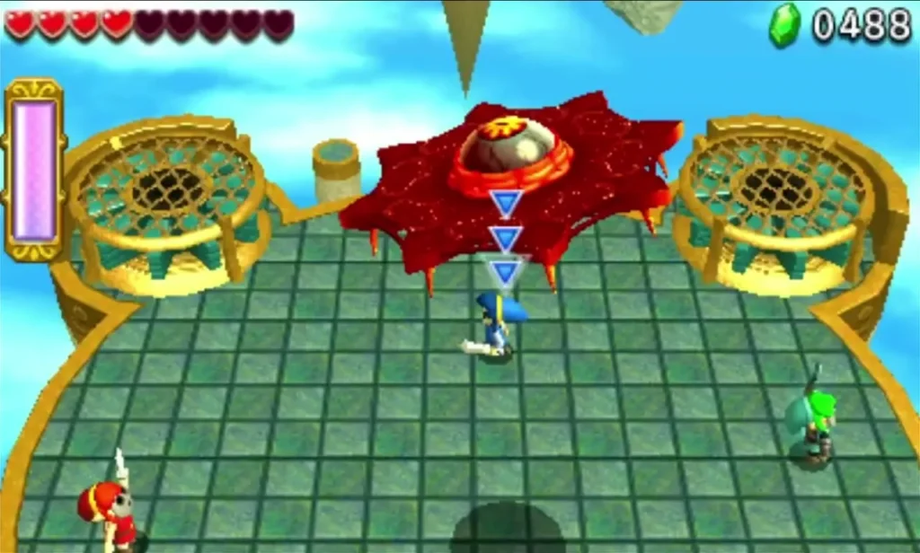 Gigaleon hovers over the Deception Castle arena while Link stands on the green tiles below Gigaleon hovers over the Deception Castle arena while Link stands on the green tiles below