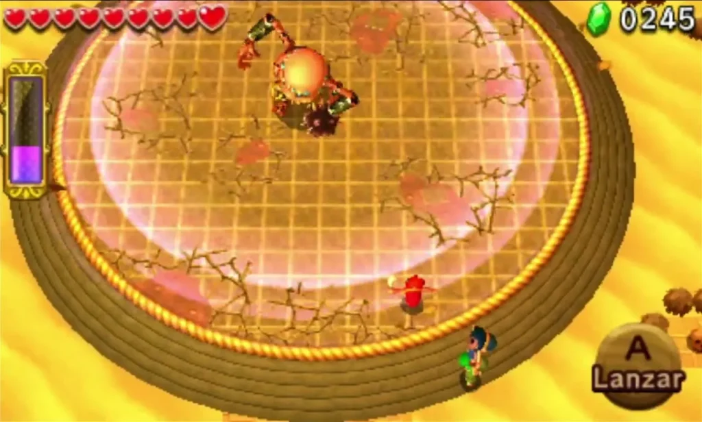 Stalchampion inside a pale pink shock ring on the Desert Temple arena with Link at the edge Stalchampion inside a pale pink shock ring on the Desert Temple arena with Link at the edge
