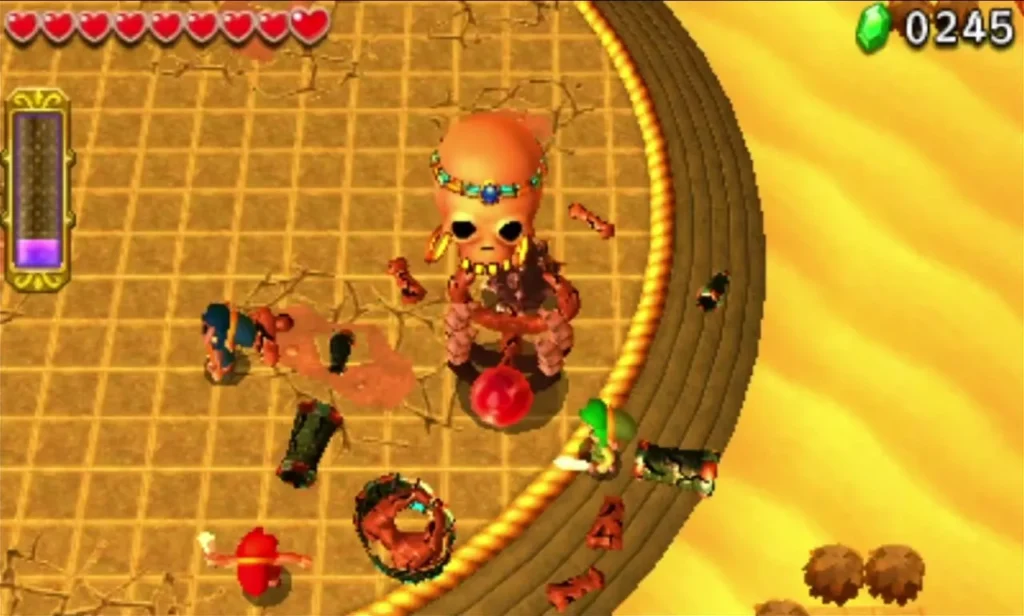 Stalchampion with its skull head and red core on the sand, with Link beside the arena rim Stalchampion with its skull head and red core on the sand, with Link beside the arena rim