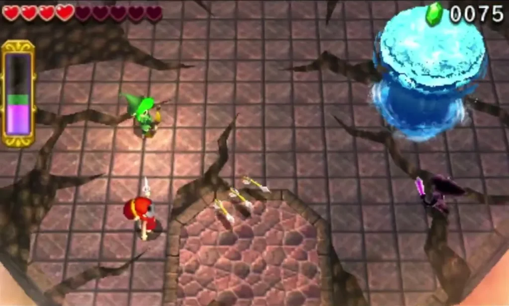 Links face a Shadow Link on the cracked stone floor of floor B39 beside a whirlwind Links face a Shadow Link on the cracked stone floor of floor B39 beside a whirlwind
