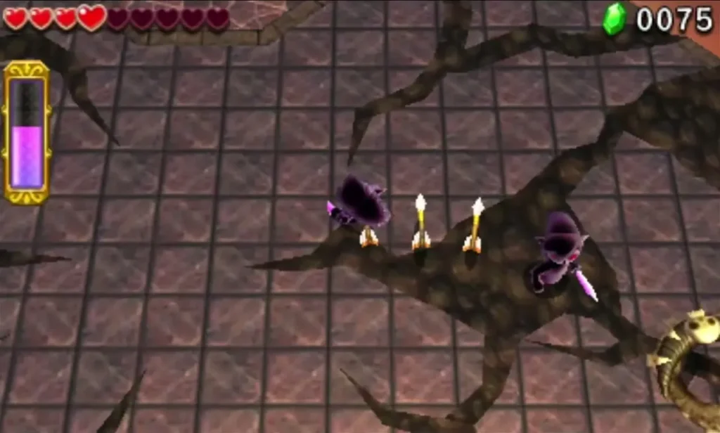 Two Shadow Links with swords near arrows on the cracked floor of the last Den floor Two Shadow Links with swords near arrows on the cracked floor of the last Den floor