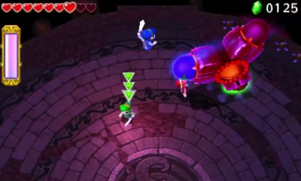 Prismantus tumbles across the Grim Temple floor in a red and purple blast with Links nearby Prismantus tumbles across the Grim Temple floor in a red and purple blast with Links nearby