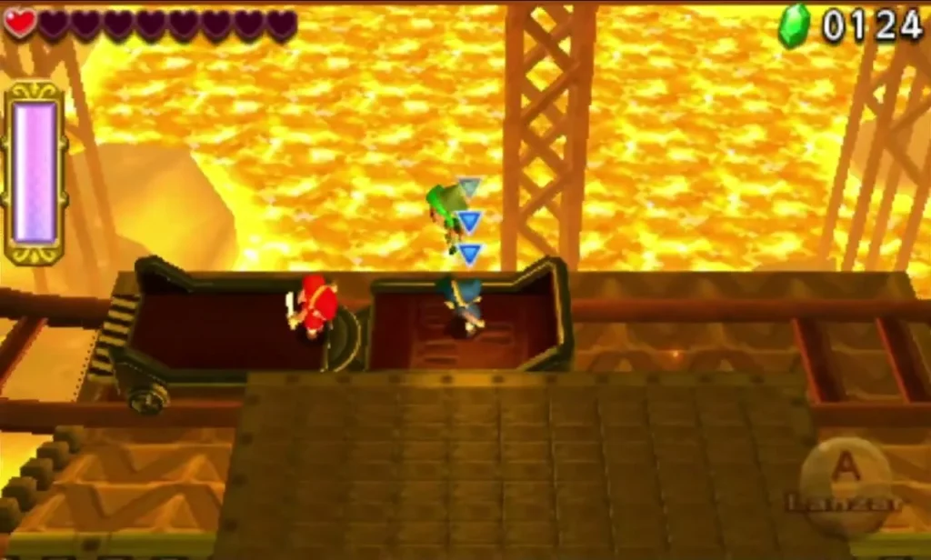 Link on the stone floor beside a mine cart with a red Hinox in it, lava all around Link on the stone floor beside a mine cart with a red Hinox in it, lava all around