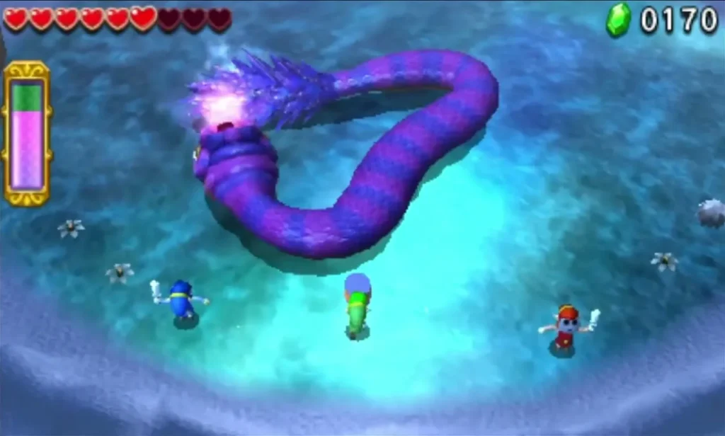 Blizzagia coils over the frozen pit with its glowing head raised, Links on the ice nearby Blizzagia coils over the frozen pit with its glowing head raised, Links on the ice nearby