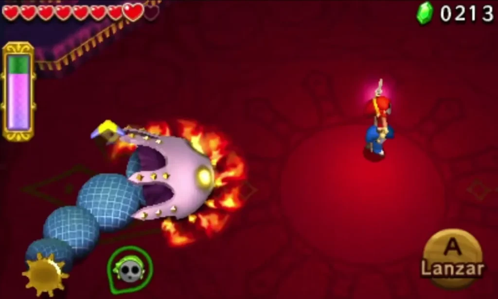 Mechanical Moldorm copy spits fire across the red floor of the Lady's Lair, Link below Mechanical Moldorm copy spits fire across the red floor of the Lady's Lair, Link below