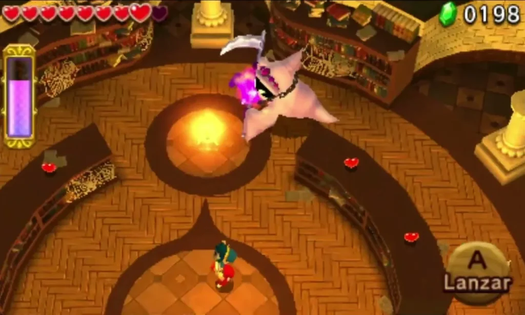 Grim Repoe swoops past a lit brazier in Palace Noir, its pendant glowing pink Grim Repoe swoops past a lit brazier in Palace Noir, its pendant glowing pink