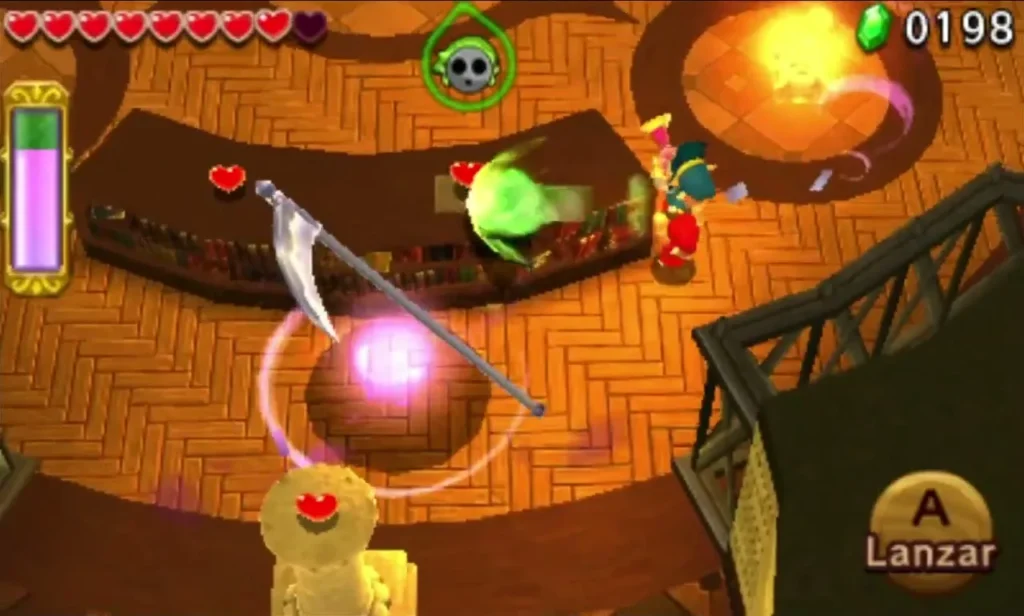 Link faces Grim Repoe as its scythe and pink pendant glow above the Palace Noir arena Link faces Grim Repoe as its scythe and pink pendant glow above the Palace Noir arena