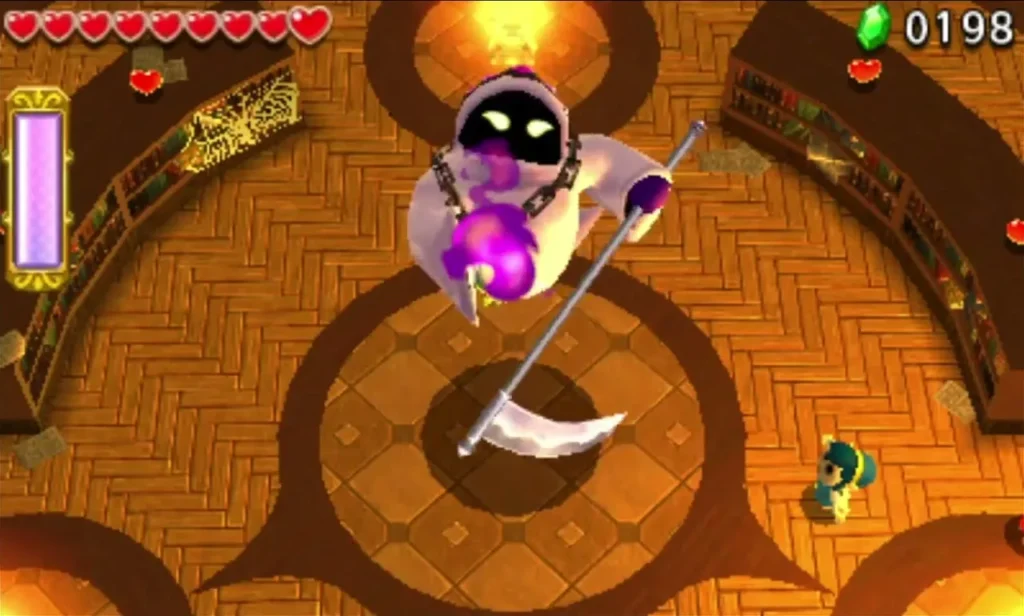 Grim Repoe, a black-hooded ghost with a scythe and a glowing pink pendant, hovers in Palace Noir Grim Repoe, a black-hooded ghost with a scythe and a glowing pink pendant, hovers in Palace Noir