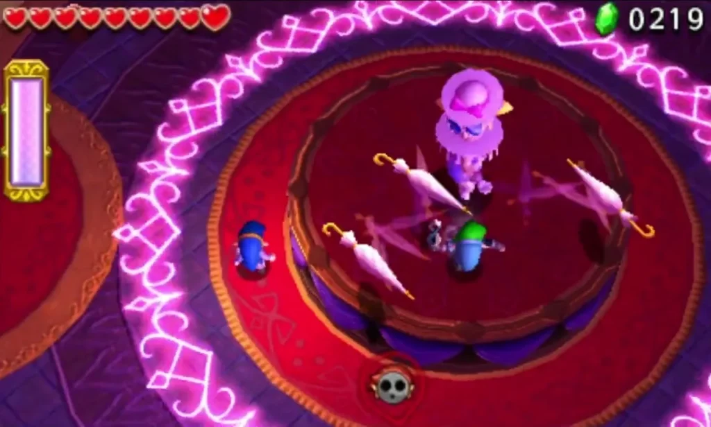Lady Maud spins parasols inside a pink barrier ring in the Sky Temple, with Links below Lady Maud spins parasols inside a pink barrier ring in the Sky Temple, with Links below
