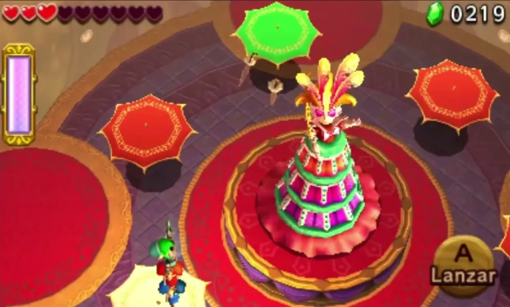 Lady Maud's huge striped dress rises in the Sky Temple with coloured parasols around it Lady Maud's huge striped dress rises in the Sky Temple with coloured parasols around it