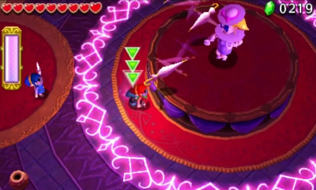 A Totem of green Links stands beside the pink barrier ring while Lady Maud hovers above A Totem of green Links stands beside the pink barrier ring while Lady Maud hovers above