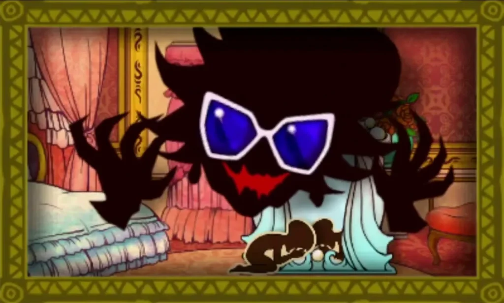 The witch in sunglasses looms over the princess as smoke bursts out and she is covered in a hideous jumpsuit The witch in sunglasses looms over the princess as smoke bursts out and she is covered in a hideous jumpsuit