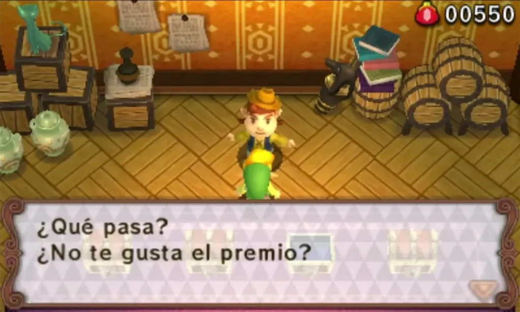 The Daily Riches shopkeeper asks Link whether he does not like his prize, standing among barrels in the shop The Daily Riches shopkeeper asks Link whether he does not like his prize, standing among barrels in the shop